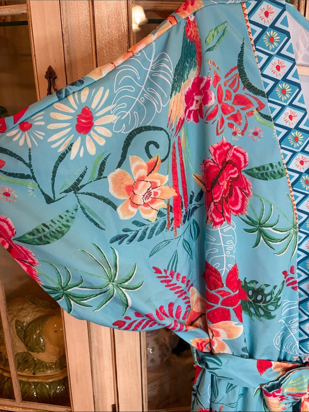 Turquoise SHEIN Floral Faux-Wrap Romper with Belt - Picture 6 of 9